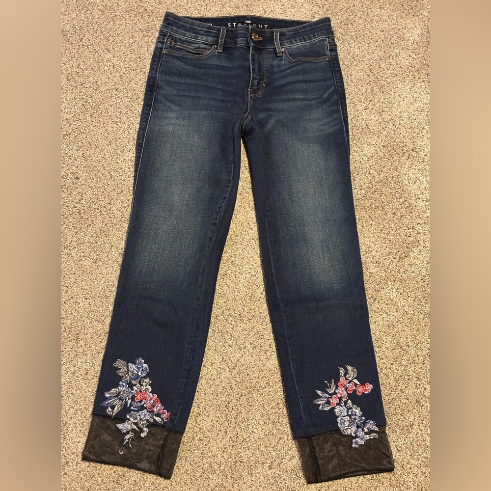 Dark Blue Floral Embroidered Straight Jeans - Women's